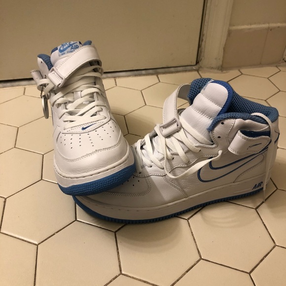 white and sky blue air force ones